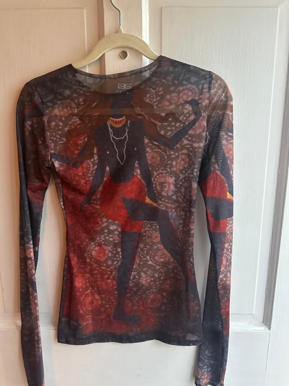 Women's Long Sleeve Mesh Graphic Top - Red/Black - Picture 2 of 2